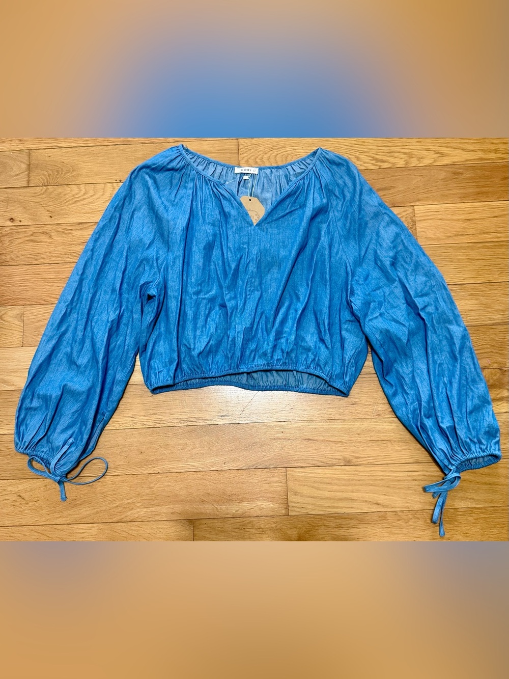 NWT 100% Cotton Kori Chambray Balloon Long-Sleeve Cropped Peasant Top | Size L